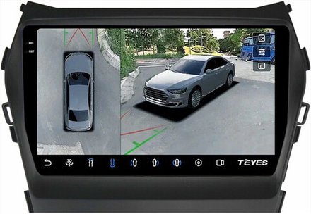 Магнитола для Hyundai Santa Fe 3 2012-2018 (отдельный экран климата, штатная КЗВ) - Teyes CC3-2K-360 монитор 9.5" 2K QLED на Android 10, 6Гб+128Гб, CarPlay, 4G SIM-слот, 4 камеры в комплекте