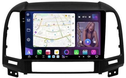 Магнитола для Hyundai Santa Fe 2 CM 2006-2012 (рамка черная) - FarCar GX008M монитор 9.5" 2K QLED на Android 14, TS20, 6+128Гб, CarPlay, 4G SIM-слот