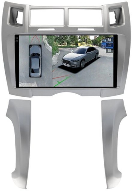 Магнитола для Toyota Vitz 2, Yaris 2 2005-2011 (рамка серебро тип 2) - FarCar BX9-360-9647F2S монитор 9.5" 2K QLED на Android 13, 6Гб+128Гб, CarPlay, 4G SIM-слот, 4 камеры в комплекте