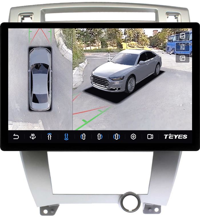 Магнитола для Hyundai Tucson 1 2004-2009 (рамка серебро) - Teyes CC3-2K-360 монитор 13" 2K QLED на Android 10, 6Гб+128Гб, CarPlay, 4G SIM-слот, 4 камеры в комплекте