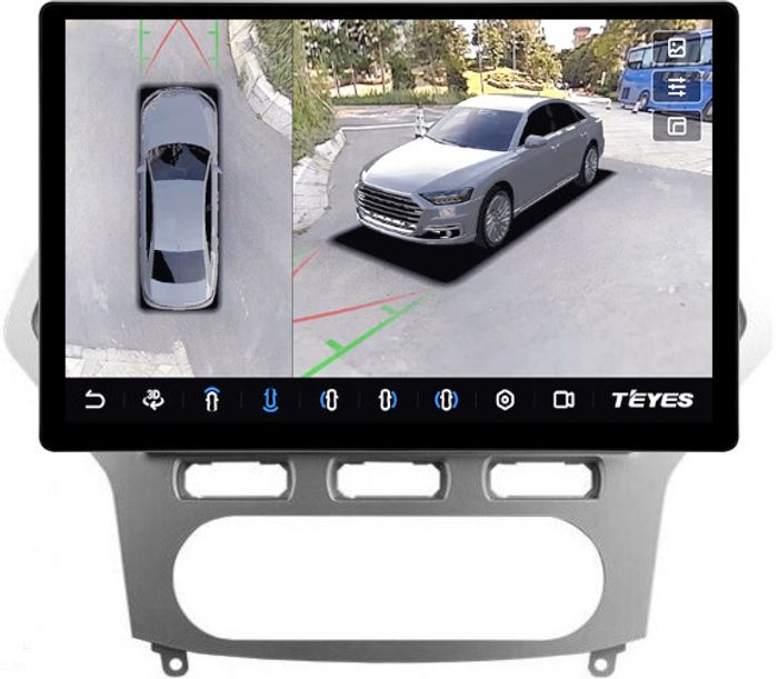 Магнитола для Ford Mondeo 4 2007-2010 (рамка серебро) - Teyes CC3-2K-360 монитор 13" 2K QLED на Android 10, 6Гб+128Гб, CarPlay, 4G SIM-слот, 4 камеры в комплекте