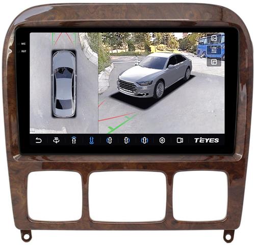 Магнитола для Mercedes-Benz S W220 1998-2005 (рамка дерево) - Teyes CC3-2K-360 монитор 9.5" 2K QLED на Android 10, 6+128Гб, CarPlay, 4G SIM-слот, 4 камеры в комплекте