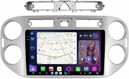 Магнитола для Volkswagen Tiguan 1 2007-2011, Golf Plus (аварийка треугольная, рамка серебро) - FarCar XXL489M монитор 9.5" 2K QLED на Android 14, TS20, 8+256Гб, CarPlay, 4G SIM-слот