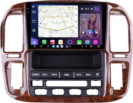 Магнитола для Toyota Land Cruiser 100, Lexus LX470 1998-2002 (климат на ШГУ, рамка дерево) - FarCar GX9-9608F4 монитор 9.5" 2K QLED на Android 14, TS20, 6+128Гб, CarPlay, 4G SIM-слот