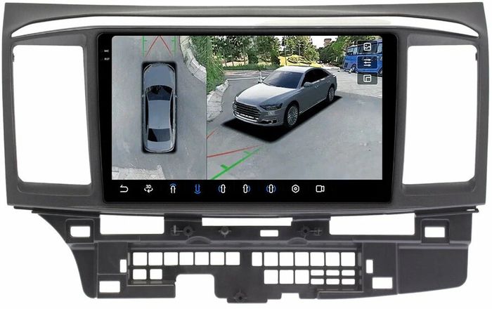 Магнитола для Mitsubishi Lancer X 2007-2016 (рамка 9) - FarCar BX037-9/3281M-360 монитор 9.5" 2K QLED на Android 13, 6Гб+128Гб, CarPlay, 4G SIM-слот, 4 камеры в комплекте
