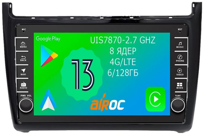 Магнитола для Volkswagen Polo 2009-2020 (черный) - Airoc AB-3707 (кнопки и крутилки), Android 13, Быстрая, SIM-слот, CarPlay