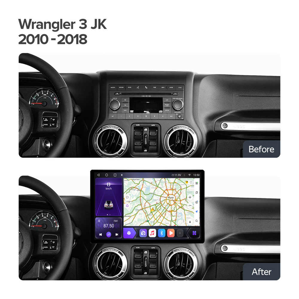 Магнитола для Jeep, Dodge 2006-2018 (207x98мм) - Kuberg JP001-TYJ/KP-13-464-S10 монитор 13" QLED+2K на Android 12, ТОП процессор, 4G SIM-слот, CarPlay, 4+64ГБ