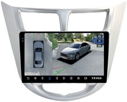 Магнитола для Hyundai Solaris 1 2010-2016 (рамка серебро) - Teyes CC3-2K-360 на Android 10, 2K QLED, 6Гб+128Гб, CarPlay, 4G SIM-слот, 4 камеры в комплекте
