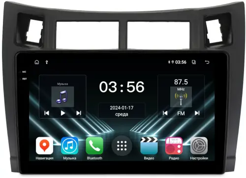 Магнитола для Toyota Vitz 2, Yaris 2 2005-2011 (рамка черная) - FarCar DX3022M монитор 9.5" IPS на Android 13, 4+64Гб, CarPlay