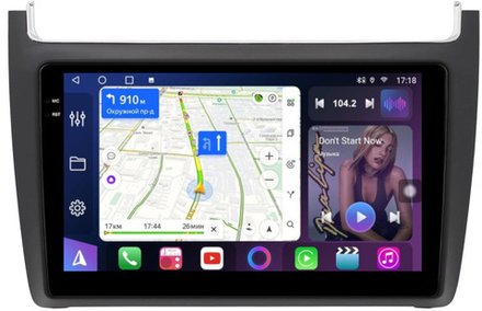 Магнитола для Volkswagen Polo 5 2009-2020 (рамка черная матовая) - FarCar BM910M монитор 9.5" QLED на Android 14, TS10, 4+32Гб, CarPlay, 4G SIM-слот