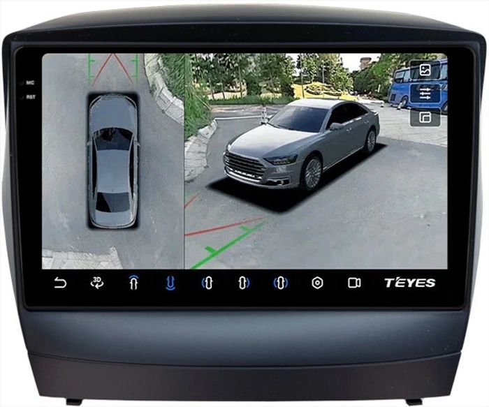 Магнитола для Hyundai iХ35, Tucson 2 2009-2015 (штатный усилитель) - Teyes CC3-2K-360 монитор 9.5" 2K QLED на Android 10, 6Гб+128Гб, CarPlay, 4G SIM-слот, 4 камеры в комплекте