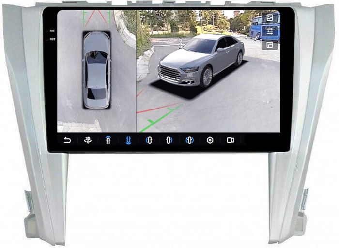 Магнитола для Toyota Camry 55 2014-2018 (рамка серебро) - FarCar BX466M-360 монитор 10.36" 2K QLED на Android 13, 6Гб+128Гб, CarPlay, 4G SIM-слот, 4 камеры в комплекте