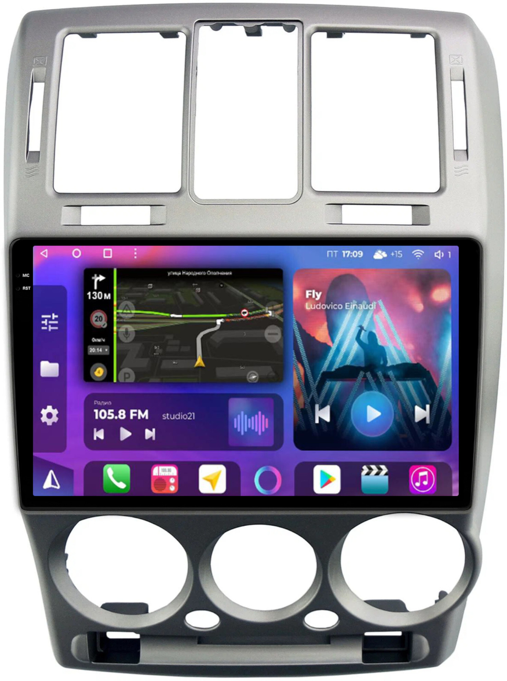 Магнитола для Hyundai Getz 2002-2011 (рамка серебро) - FarCar BM3073-2M-2K монитор 9.5" 2K QLED на Android 14, TS10, 4+32Гб, CarPlay, 4G SIM-слот