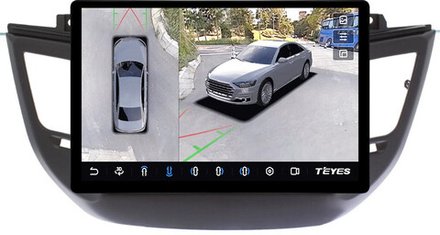 Магнитола для Hyundai Tucson 3 2015-2018 (без штатной КЗВ, рамка черная) - Teyes CC3-2K-360 монитор 13" 2K QLED на Android 10, 6Гб+128Гб, CarPlay, 4G SIM-слот, 4 камеры в комплекте