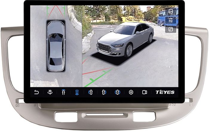 Магнитола для KIA Rio 2 2005-2011 (рамка бежевая) - Teyes CC3-2K-360 монитор 13" 2K QLED на Android 10, Быстрая, CarPlay, 4G SIM-слот, 4 камеры в комплекте