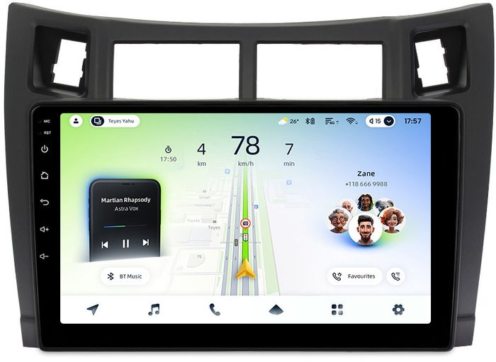 Магнитола для Toyota Vitz 2, Yaris 2 2005-2011 (рамка черная) - Teyes CC4L-DTS монитор 9" IPS, Android 14, Быстрая, Snapdragon 662, CarPlay, 4G SIM-слот