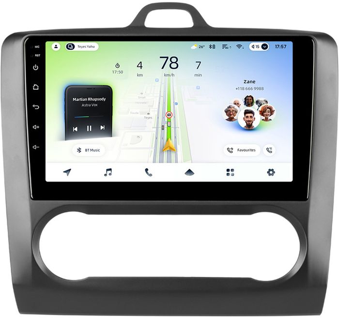 Магнитола для Ford Focus 2 2004-2011 (климат, рамка черная) - Teyes CC4L монитор 9" IPS, Android 14, Быстрая, Snapdragon 662, CarPlay, 4G SIM-слот
