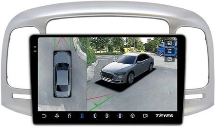 Магнитола для Hyundai Verna 2006-2010 (рамка серебро) - Teyes CC3-2K-360 на Android 10, 2K QLED, 6Гб+128Гб, CarPlay, 4G SIM-слот, 4 камеры в комплекте