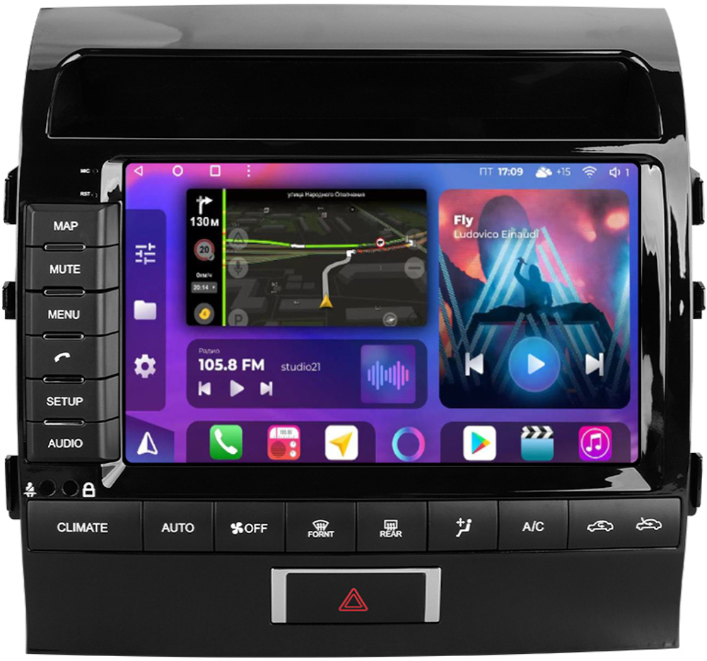 Магнитола для Toyota Land Cruiser 200 2007-2015 (штатная КЗВ или 360) - FarCar XXL9-9006+LVDS монитор 9.5" 2K QLED на Android 14, TS20, 8+256Гб, CarPlay, 4G SIM-слот