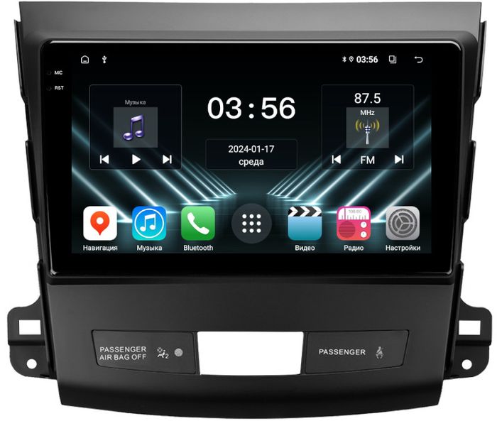 Магнитола для Mitsubishi Outlander XL, Peugeot 4007, Citroen C-Crosser (без Rockford, рамка гладкая) - FarCar S280 монитор 9.5" IPS на Android 13, CarPlay
