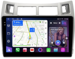 Магнитола для Toyota Vitz 2, Yaris 2 2005-2011 (рамка серебро) - FarCar 3022M монитор 9.5" QLED на Android 14, TS18, CarPlay, 4G SIM-слот