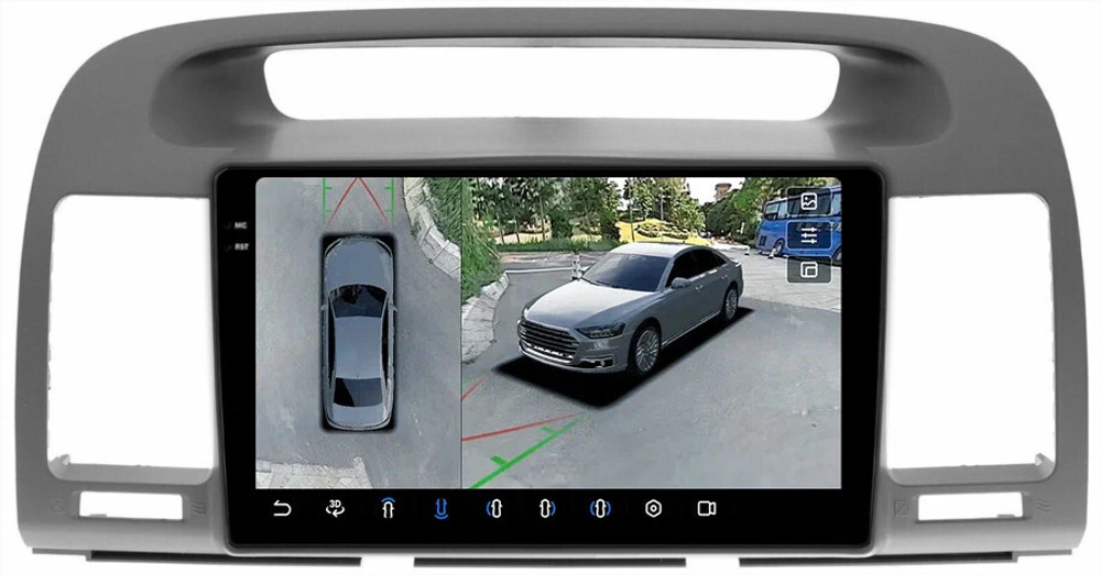 Магнитола для Toyota Camry 30 2001-2006 (рамка графитовая) - FarCar BX3020M-360 монитор 9.5" 2K QLED на Android 13, 6Гб+128Гб, CarPlay, 4G SIM-слот, 4 камеры в комплекте