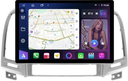 Магнитола для Hyundai Santa Fe 2 CM 2006-2012 (рамка серебро) - FarCar BX877 монитор 13" 2K QLED на Android 13, TS10, 6+128, CarPlay, 4G SIM-слот