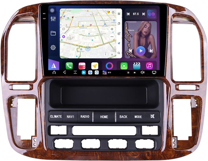Магнитола для Toyota Land Cruiser 100, Lexus LX470 1998-2002 (климат на ШГУ, рамка дерево) - FarCar S500-TS20 монитор 9.5" 2K QLED на Android 14, Быстрейшая, CarPlay, 4G SIM-слот