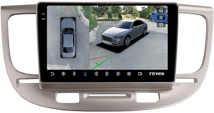 Магнитола для KIA Rio 2 2005-2011 (рамка бежевая) - Teyes CC3-2K-360 монитор 9.5" 2K QLED на Android 10, Быстрая, CarPlay, 4G SIM-слот, 4 камеры в комплекте