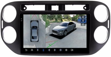 Магнитола для Volkswagen Tiguan 1 2011-2016 (аварийка прямоугольная, рамка чёрная) - FarCar BX489M-360 монитор 9.5" 2K QLED на Android 13, 6Гб+128Гб, CarPlay, 4G SIM-слот, 4 камеры в комплекте