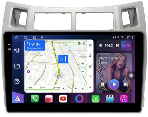 Магнитола для Toyota Vitz 2, Yaris 2 2005-2011 (рамка серебро) - FarCar BM3022M монитор 9.5" QLED на Android 14, TS10, 4+32Гб, CarPlay, 4G SIM-слот