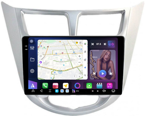 Магнитола для Hyundai Solaris 1 2010-2016 (рамка серебро) - FarCar GX067M монитор 9.5" 2K QLED на Android 14, TS20, 6+128Гб, CarPlay, 4G SIM-слот