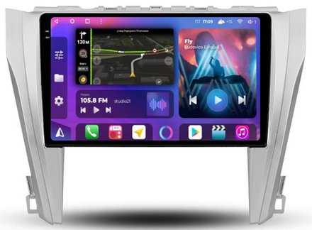Магнитола для Toyota Camry 55 2014-2018 (рамка серебро) - FarCar BM466M монитор 10.36" QLED на Android 14, TS10, 4+32Гб, CarPlay, 4G SIM-слот