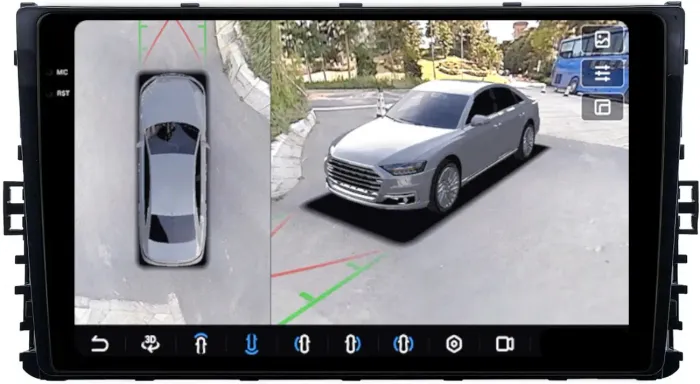 Магнитола для VW Jetta 7, Teramont, Taos, Multivan/Caravelle 2020+, Tiguan 2, Passat B8 - FarCar BX1081M-360 монитор 9.5" 2K QLED на Android 13, 6Гб+128Гб, CarPlay, 4G SIM-слот, 4 камеры в комплекте