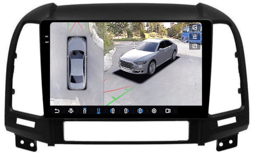 Магнитола для Hyundai Santa Fe 2 CM 2006-2012 (рамка черная) - FarCar BX008M-360 монитор 9.5" 2K QLED на Android 13, 6Гб+128Гб, CarPlay, 4G SIM-слот, 4 камеры в комплекте