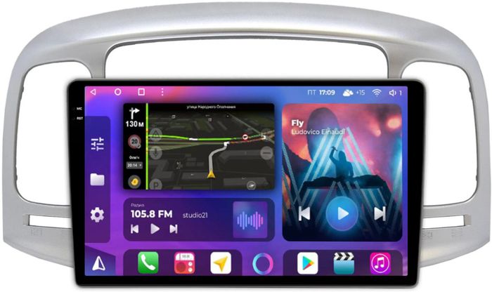Магнитола для Hyundai Verna 2006-2010 (рамка серебро) - FarCar BM3009M-2K монитор 9.5" 2K QLED на Android 14, TS10, 4+32Гб, CarPlay, 4G SIM-слот
