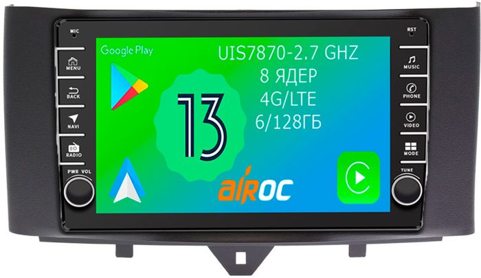 Магнитола для Smart ForTwo/ForFour 2012-2015 - Airoc AB-2508 (кнопки и крутилки), Android 13, Быстрая, SIM-слот, CarPlay