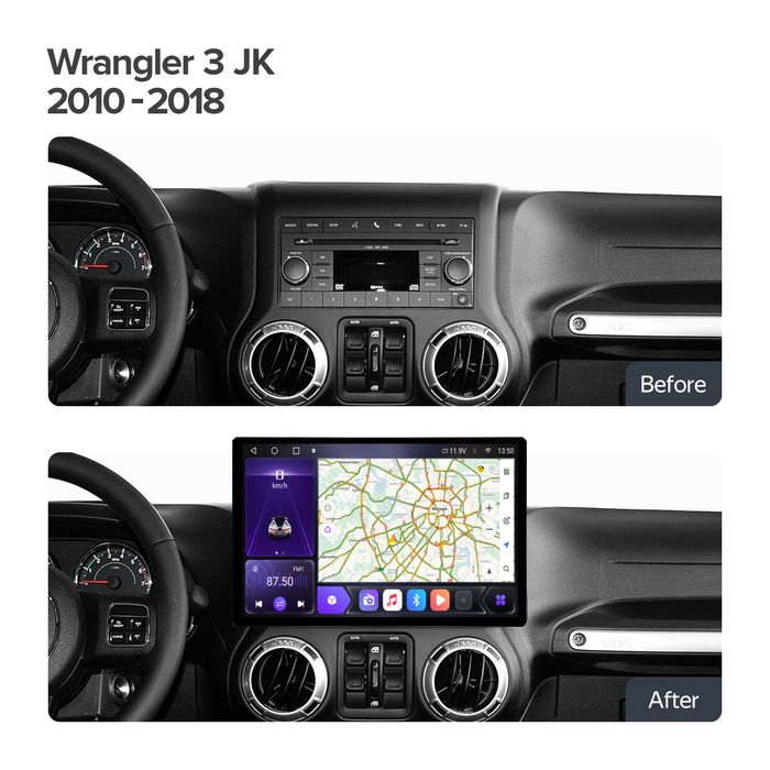 Магнитола для Jeep, Dodge 2006-2018 (207x98мм) - Kuberg JP001-TYJ/KP-13-464-S10 монитор 13" QLED+2K на Android 12, Быстрая, 4G SIM-слот, CarPlay