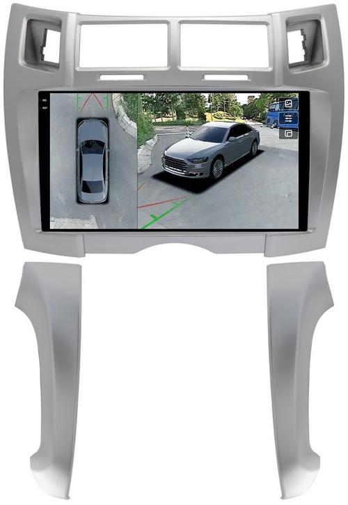 Магнитола для Toyota Vitz 2, Yaris 2 2005-2011 (рамка серебро тип 2) - FarCar BX9-360-9647F2S монитор 9.5" 2K QLED на Android 13, 6Гб+128Гб, CarPlay, 4G SIM-слот, 4 камеры в комплекте