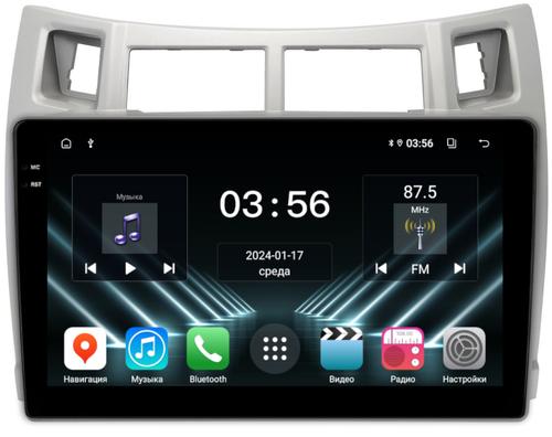 Магнитола для Toyota Vitz 2, Yaris 2 2005-2011 (рамка серебро) - FarCar DX3022M монитор 9.5" IPS на Android 13, 4+64Гб, CarPlay