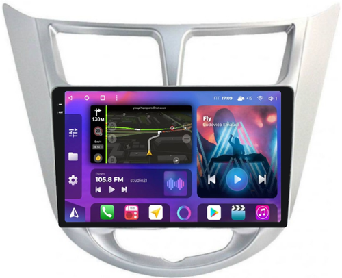 Магнитола для Hyundai Solaris 1 2010-2016 (рамка серебро) - FarCar BM067M-2K монитор 9.5" 2K QLED на Android 14, TS10, 4+32Гб, CarPlay, 4G SIM-слот