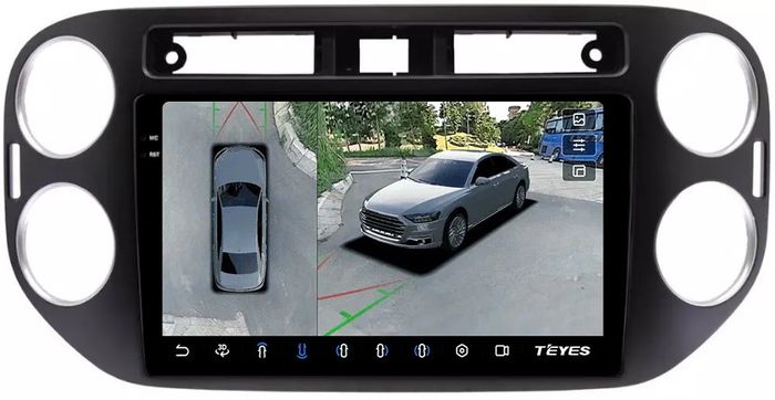 Магнитола для Volkswagen Tiguan 1 2011-2016 (аварийка прямоугольная, рамка чёрная) - Teyes CC3-2K-360 на Android 10, 2K QLED, 6Гб+128Гб, CarPlay, 4G SIM-слот, 4 камеры в комплекте