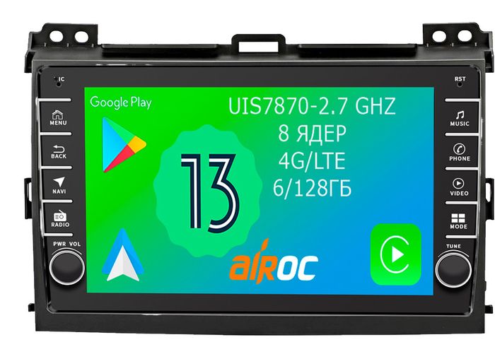 Магнитола для Toyota Land Cruiser Prado 120, Lexus GX470 (экран климата внизу) - Airoc AB-1105 (кнопки и крутилки), Android 13, Быстрая, SIM-слот, CarPlay