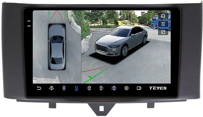 Магнитола для Smart ForTwo W451 2010-2015 - Teyes CC3-2K-360 монитор 9.5" 2K QLED на Android 10, 6Гб+128Гб, CarPlay, 4G SIM-слот, 4 камеры в комплекте