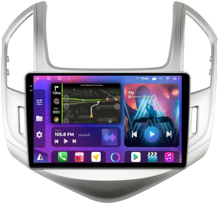 Магнитола для Chevrolet Cruze 2012-2015 (рамка серебро) - FarCar BM261M-2K монитор 9.5" 2K QLED на Android 14, TS10, 4+32Гб, CarPlay, 4G SIM-слот