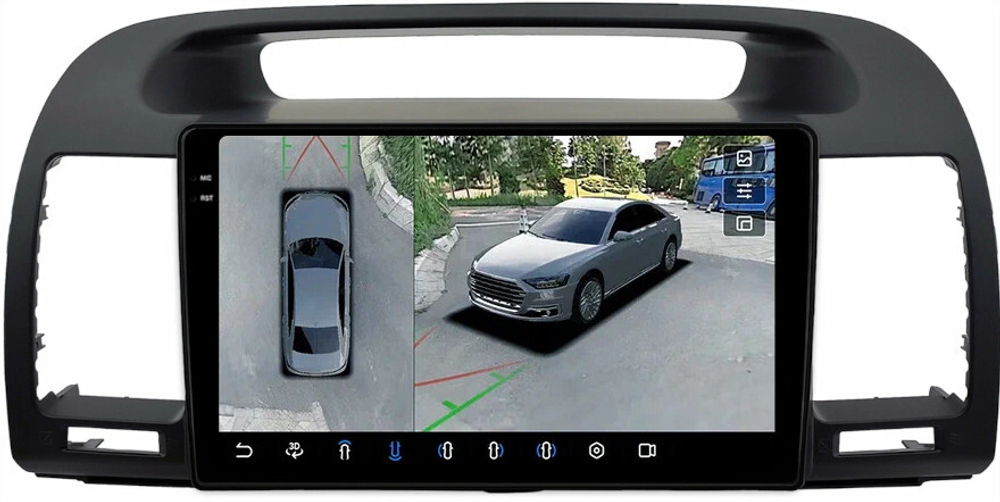 Магнитола для Toyota Camry 30 2001-2006 (рамка черная) - FarCar BX3020M-360 монитор 9.5" 2K QLED на Android 13, 6Гб+128Гб, CarPlay, 4G SIM-слот, 4 камеры в комплекте