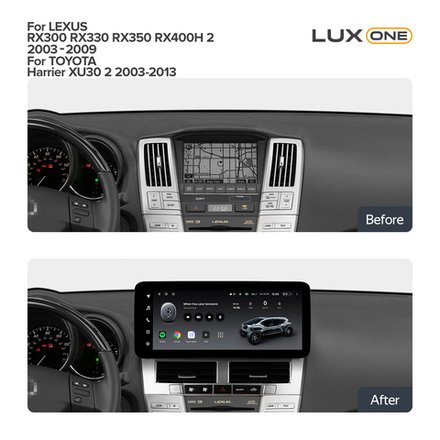 Магнитола для Lexus RX 2003-2009, Toyota Harrier XU30 2003-2013 (ШГУ цветной, рамка серо-бежевая) - Teyes LUX ONE 360 монитор 12.3" 2K QLED на Android 10, CarPlay, 4G SIM-слот, 4 камеры в комплекте