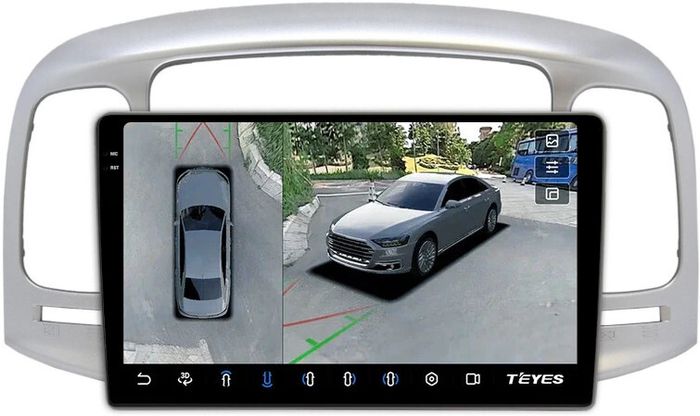 Магнитола для Hyundai Verna 2006-2010 (рамка серебро) - Teyes CC3-2K-360 на Android 10, 2K QLED, 6Гб+128Гб, CarPlay, 4G SIM-слот, 4 камеры в комплекте