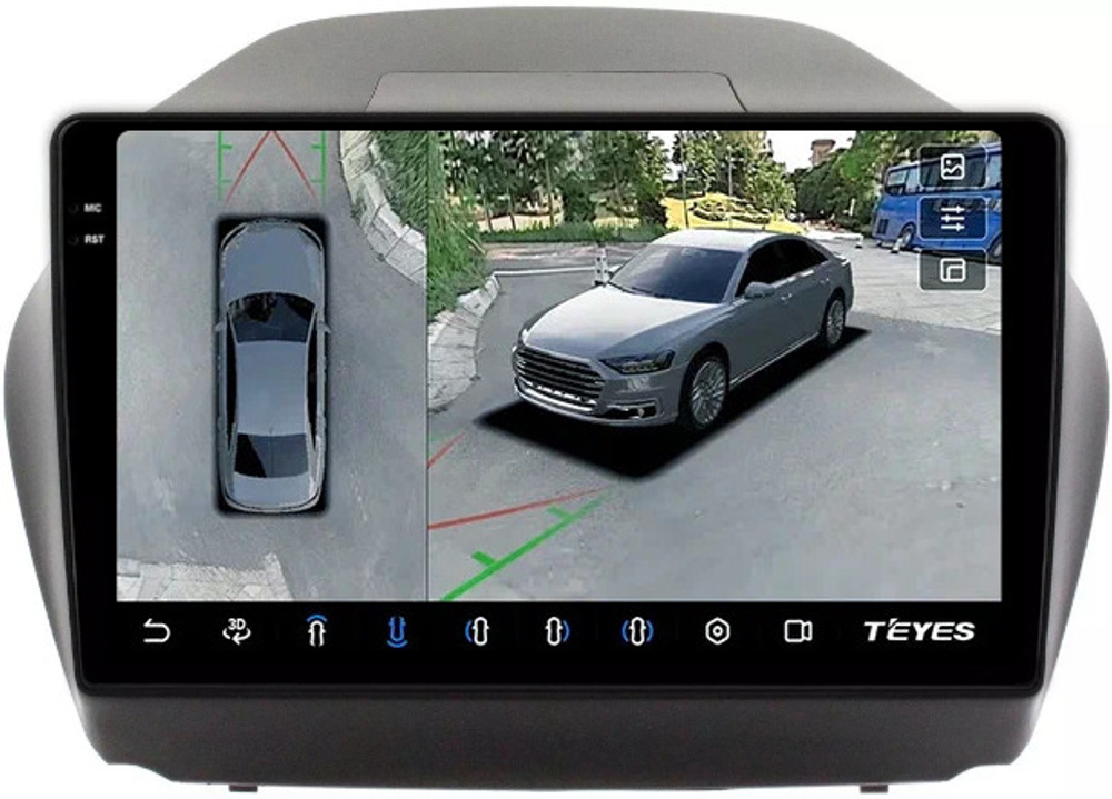 Магнитола для Hyundai iХ35, Tucson 2 2009-2015 (без штатного усилителя) - Teyes CC3-2K-360 монитор 10.36" 2K QLED на Android 10, 6Гб+128Гб, CarPlay, 4G SIM-слот, 4 камеры в комплекте