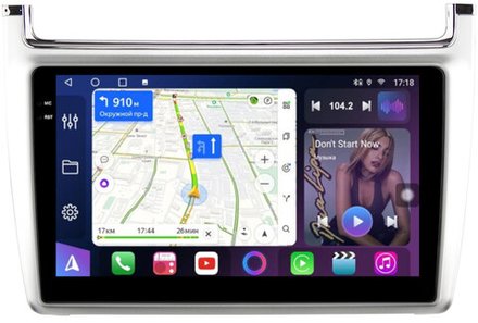 Магнитола для Volkswagen Polo 5 2009-2020 (рамка серебро) - FarCar BM910M монитор 9.5" QLED на Android 14, TS10, 4+32Гб, CarPlay, 4G SIM-слот